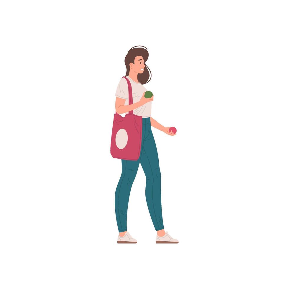 Smiling young casual female holding two fresh seasonal apples going with shopping bag flat vector