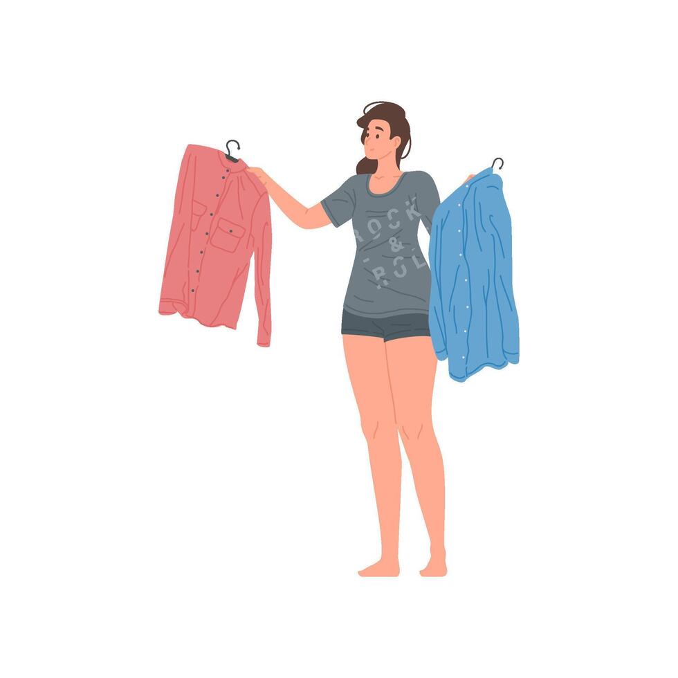 sonriente Doméstico mujer elegir camisa colgando en colgar para vistiendo plano ilustración vector