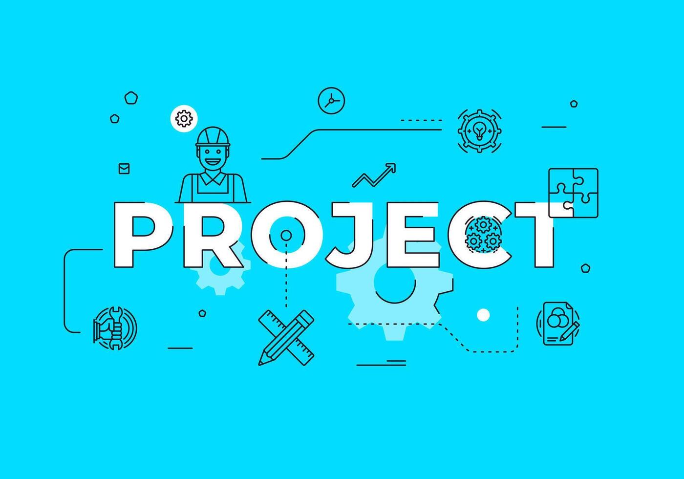 Project text concept modern flat style illustration red banner with outline icons vector