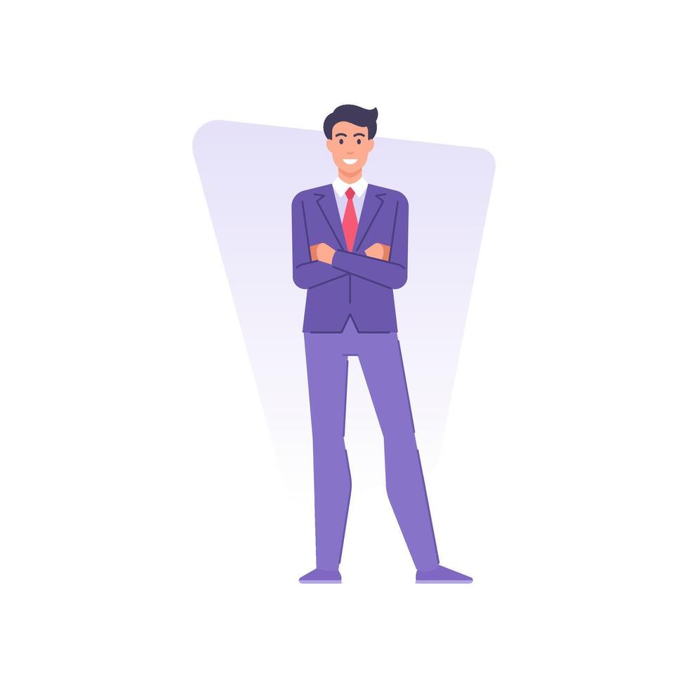 Confident fashionable young businessman standing with crossed hands flat illustration vector