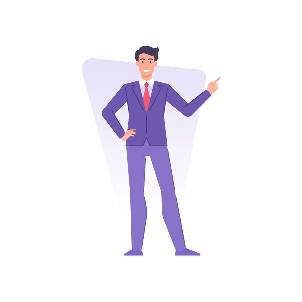 Happy business male in tie suit pointing forefinger with positive emotion flat illustration vector