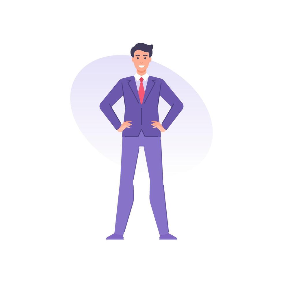 Confident successful business man in tie suit standing with hands on waist smiling positive emotion vector