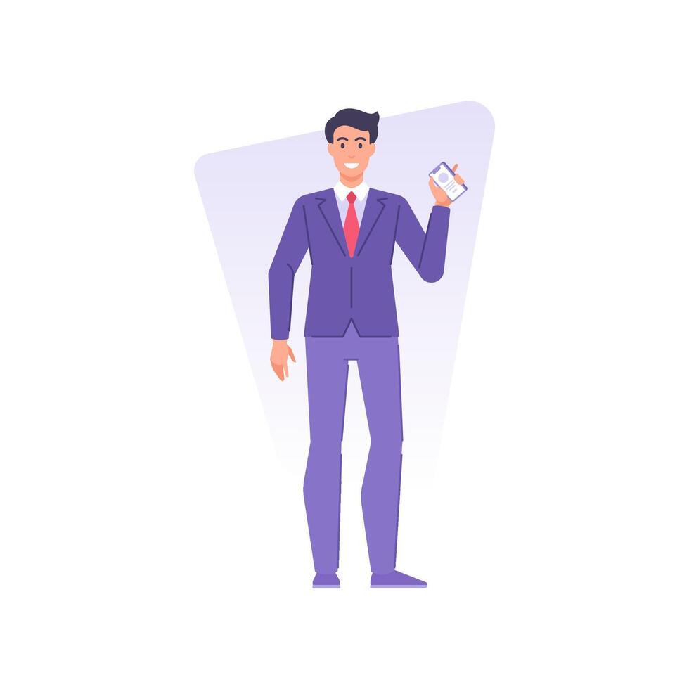 Overjoyed business man showing screen of mobile phone with corporate website online advertising vector