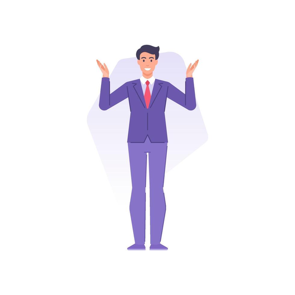 Puzzlement trendy business man performing gesture dont know with raising hands illustration vector