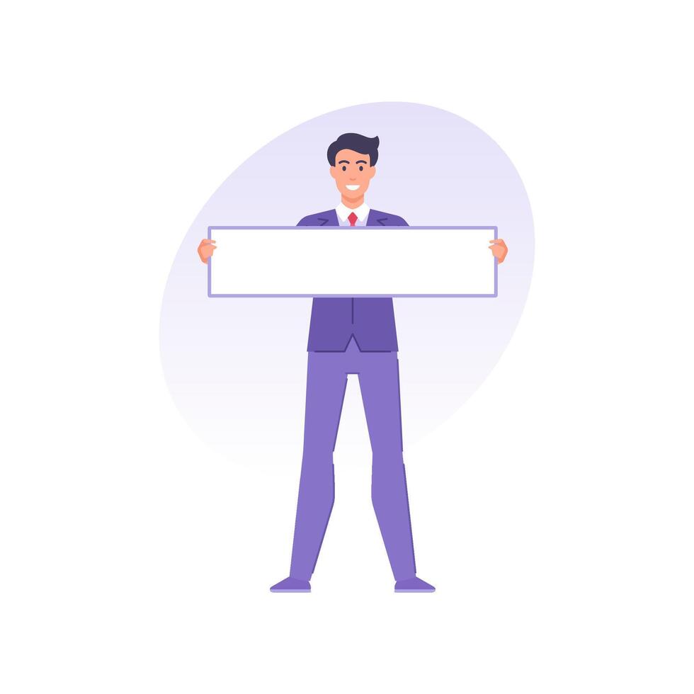 Smiling male office worker in tie suit holding white blank banner for message illustration vector