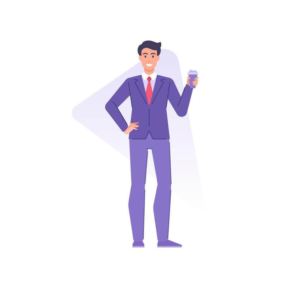 Happy stylish business man wearing tie suit standing with paper coffee cup flat illustration vector