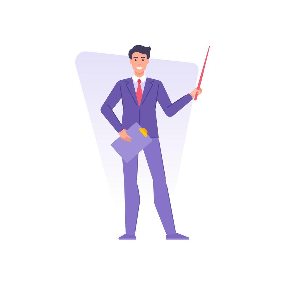 Smiling male teacher posing with clipboard and pointer leading lecture university or school lesson vector