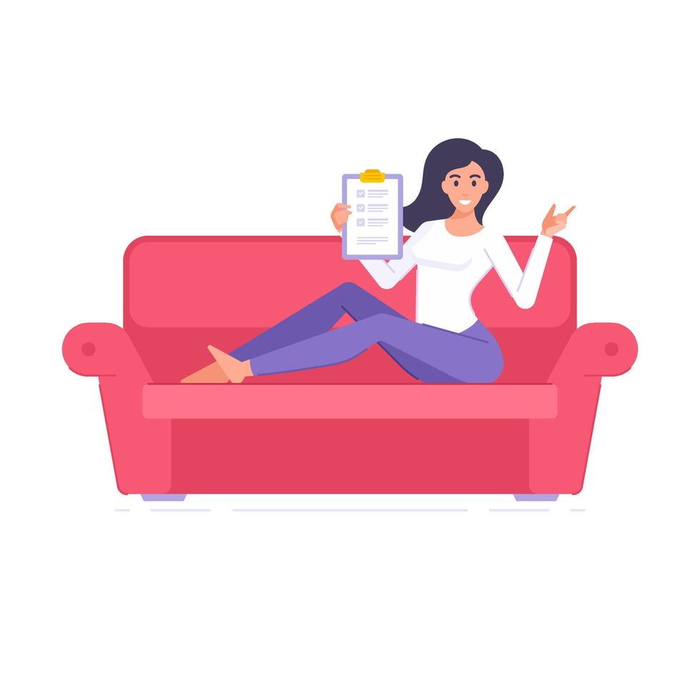 Happy brunette woman holding clipboard to do list with checkmarks tasks completed sitting on couch vector