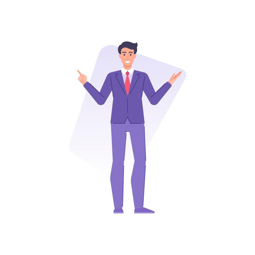 Happy business man in suit red tie pointing forefinger presentation advertising flat vector