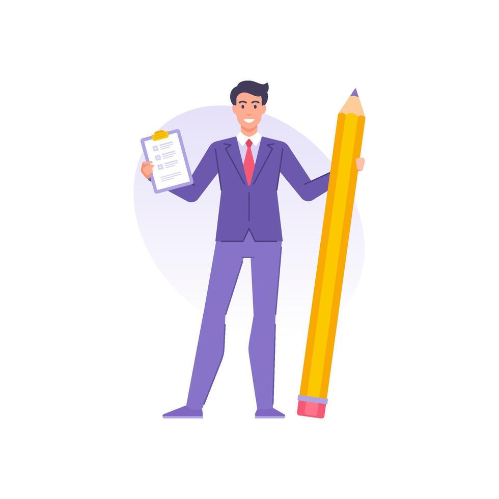 Smiling tiny man in suit tie holding pencil and clipboard with to do list checkmark flat vector