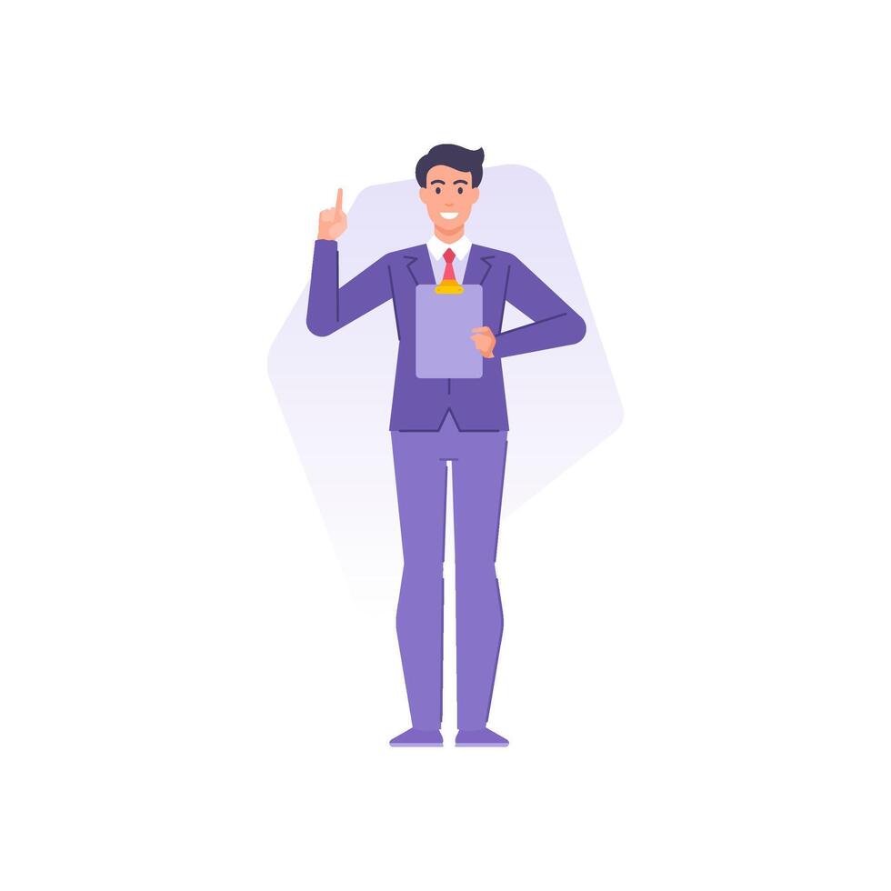 Smiling business male speaker holding clipboard with forefinger pointer public performance report vector