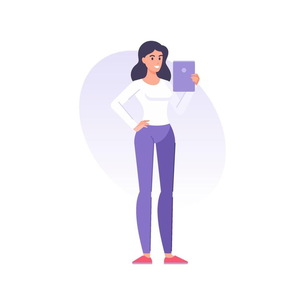 Happy modern casual woman carrying tablet pc enjoying digital display technology flat vector