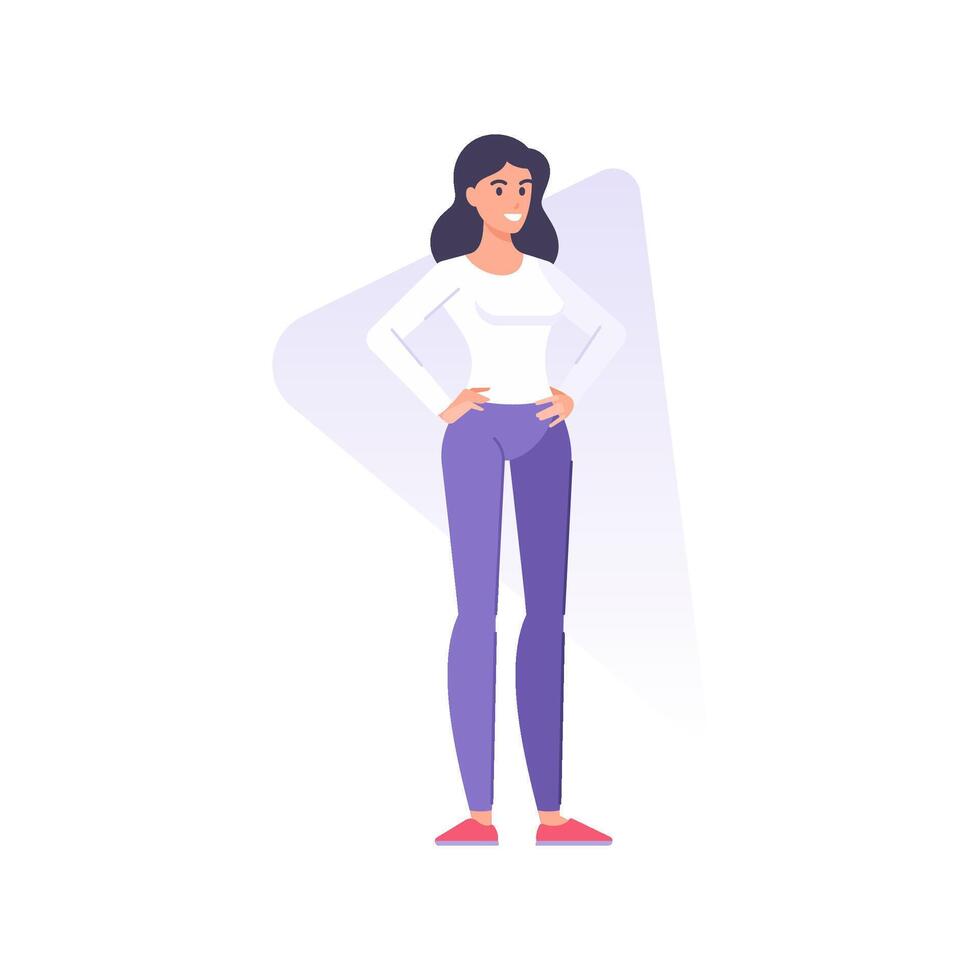 Smiling young beautiful brunette casual woman standing with hands on waist flat illustration vector