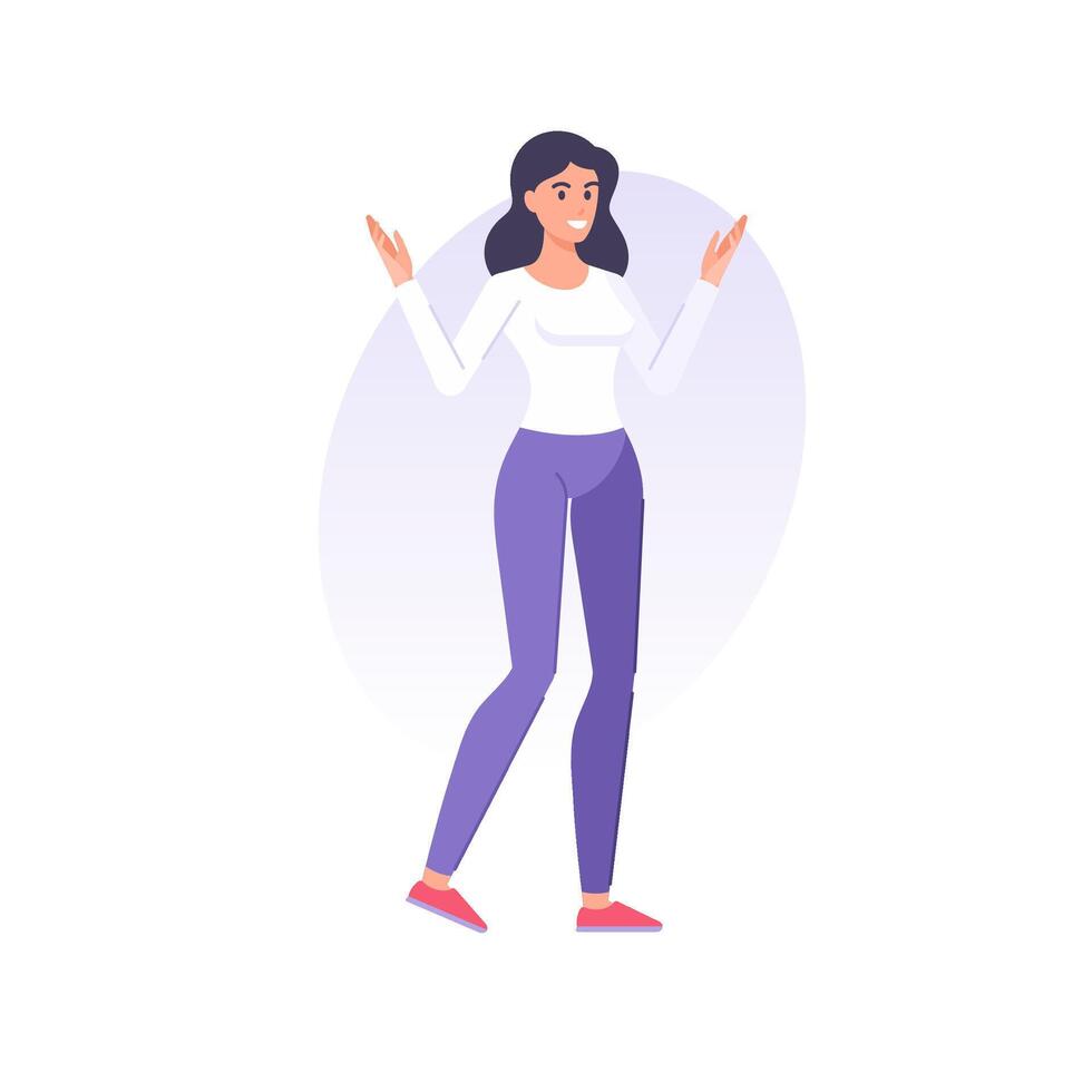 Funny modern casual puzzlement female gesture don't know not sure with raising hands flat vector