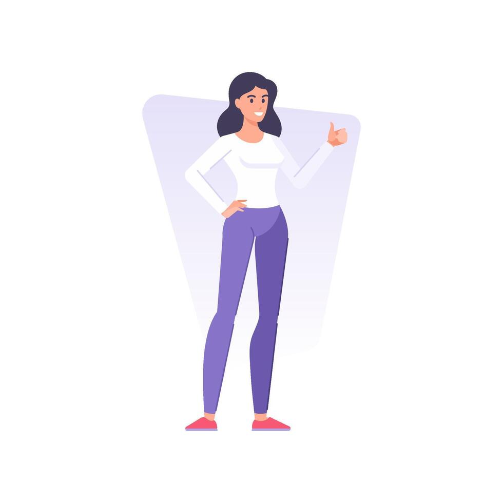 Happy casual brunette woman standing with cool gesture thumbs up flat illustration vector