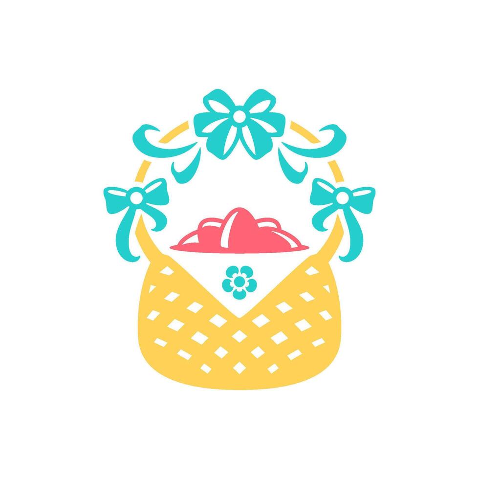 Easter pink painted eggs in straw basket spring floral design gift icon vector flat illustration