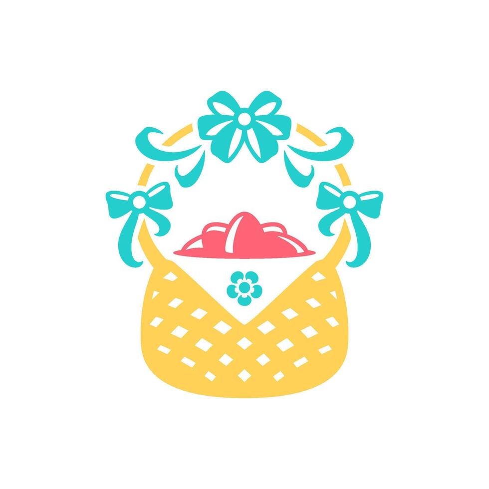 Easter pink painted eggs in straw basket spring floral design gift icon vector flat illustration