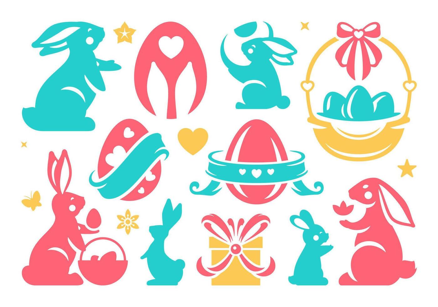 Easter minimalist icon chicken egg ribbon rabbit basket gift box decor element set vector flat