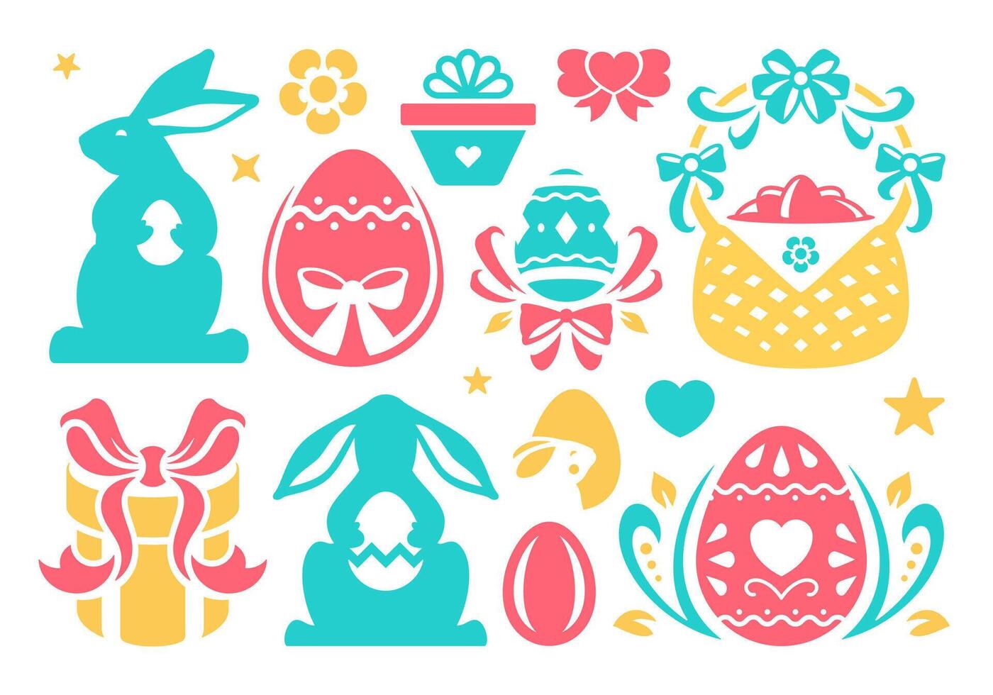 Easter minimalist icon rabbit painted eggs in basket bow religious holiday celebration vector flat