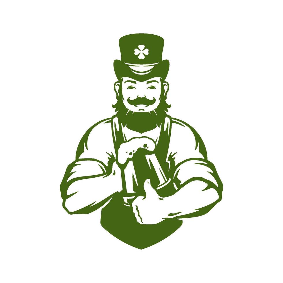 Saint Patrick's Day muscular Irish bearded man beer pub bar cheers feast vintage icon vector flat