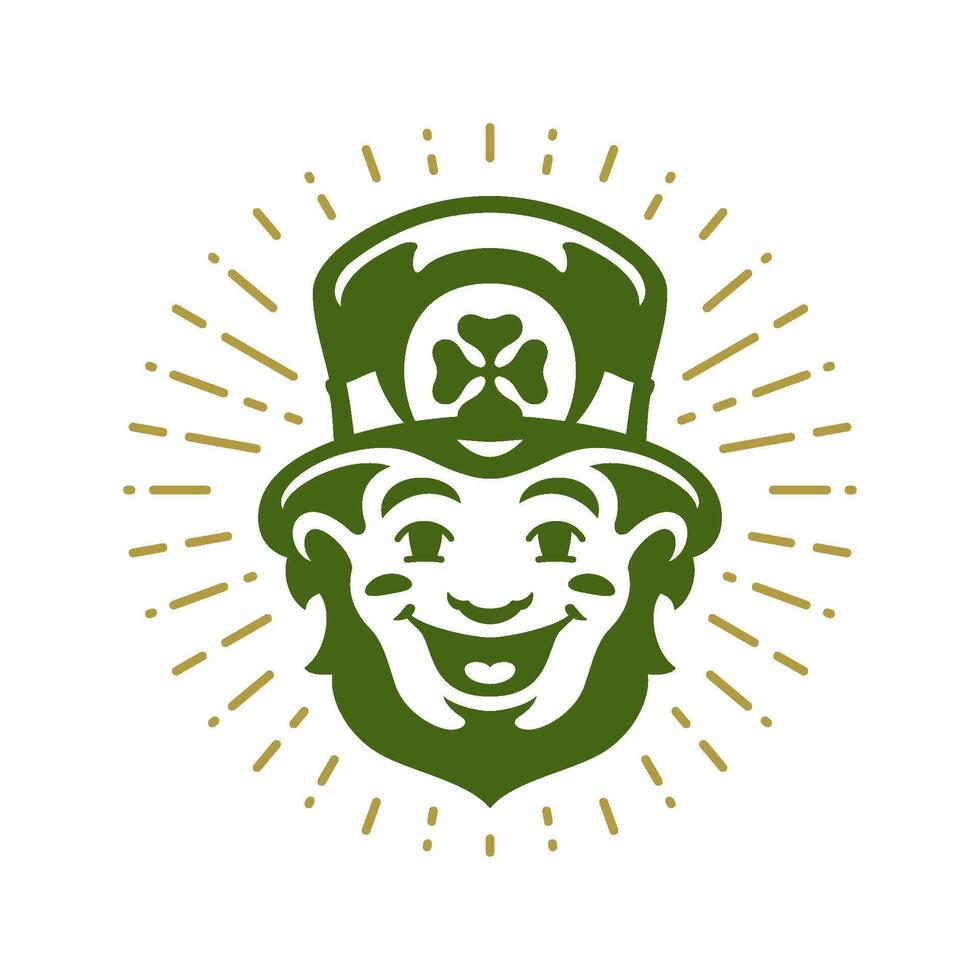 Saint Patrick's Day laughing Irish troll leprechaun hat with green clover vintage icon vector flat