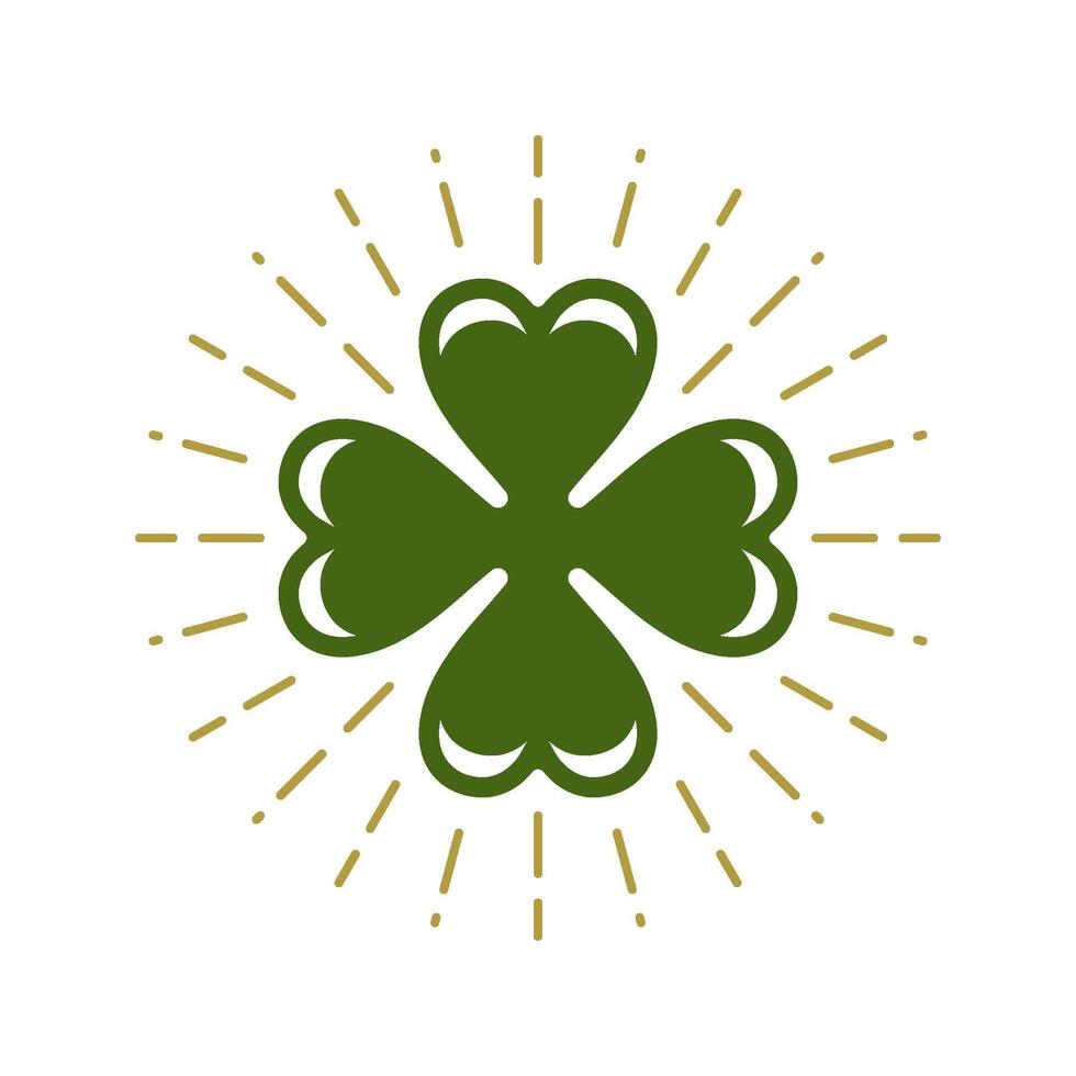 St Patrick's Day green clover leaf bright golden rays Irish fortune vintage icon vector flat