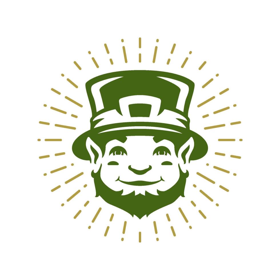 St Patrick's Day Irish troll bearded elf in hat bright rays portrait vintage icon vector flat