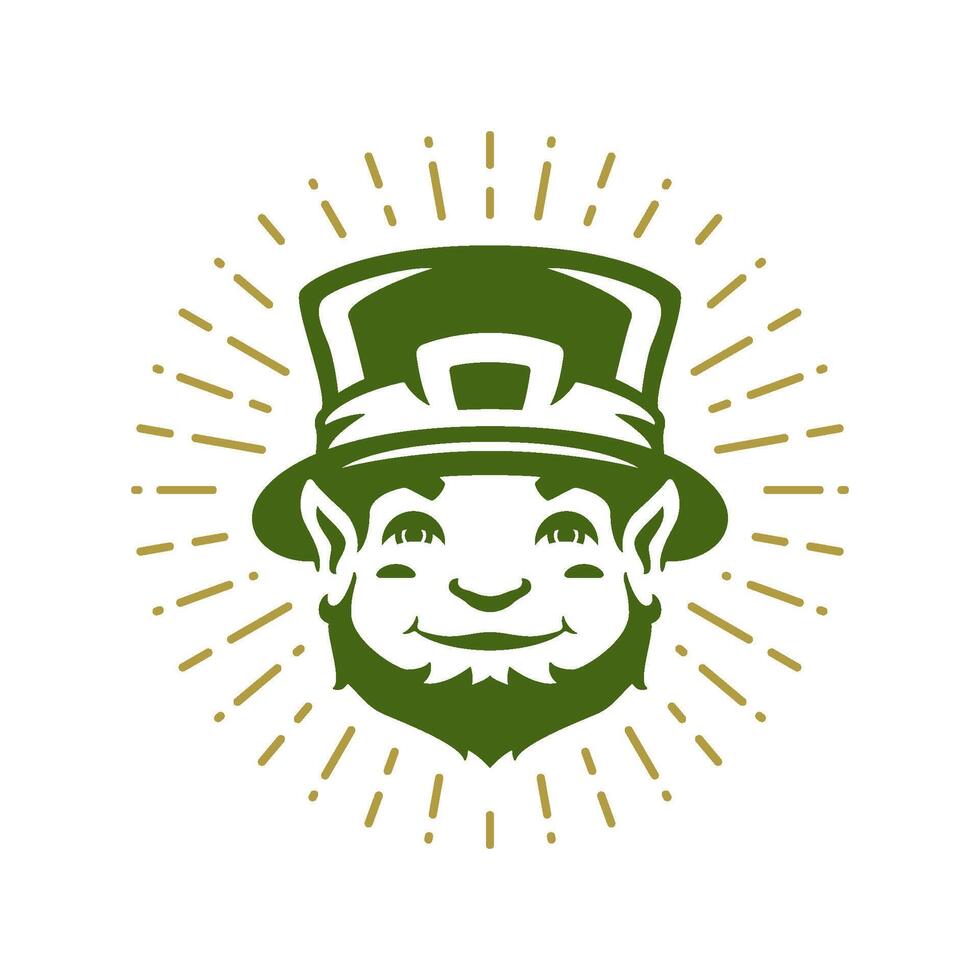 St Patrick's Day Irish troll bearded elf in hat bright rays portrait vintage icon vector flat