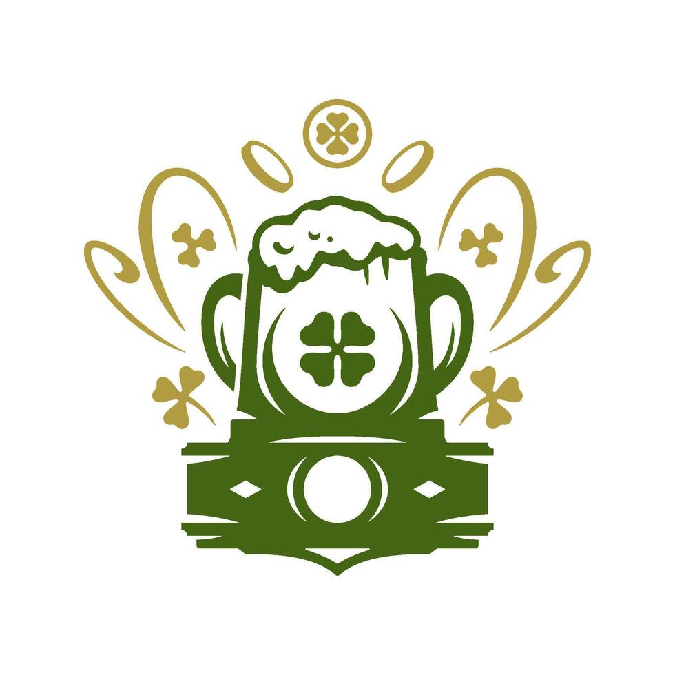 St Patrick's Day mug full foamy beer lucky clover coin financial prosperity vintage icon vector flat
