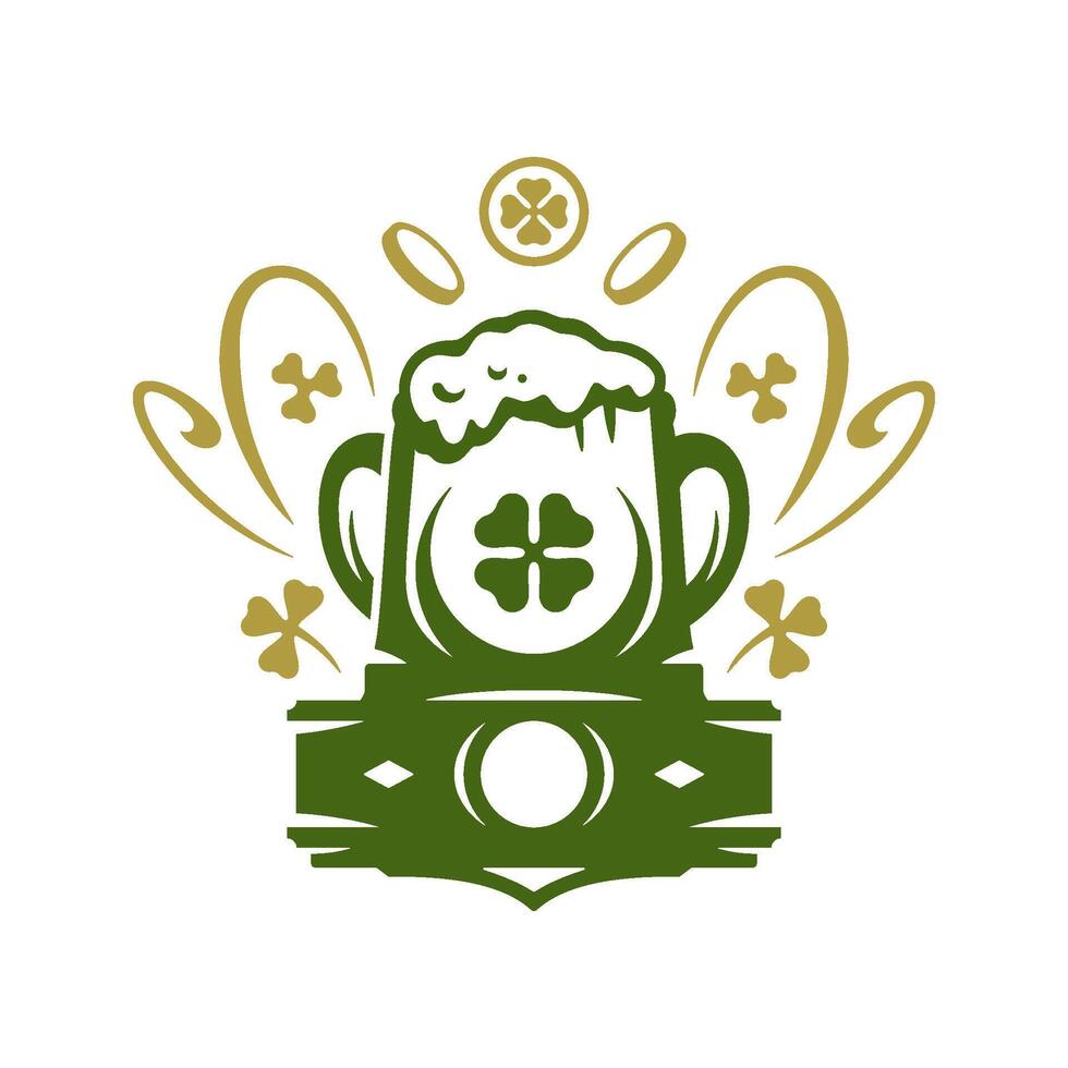 S t patrick's día jarra lleno espumoso cerveza suerte trébol moneda financiero prosperidad Clásico icono vector plano