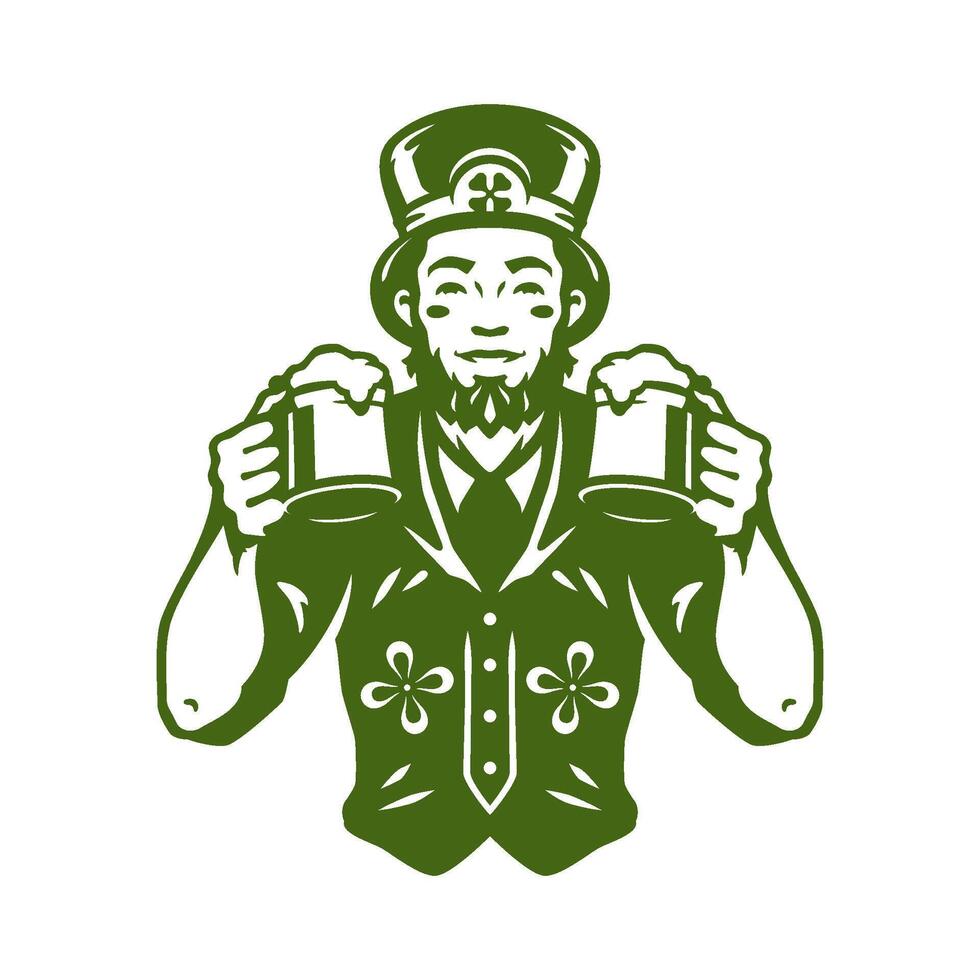 St Patrick's Day Irish male leprechaun in hat with cheers foamy beer mug vintage icon vector flat