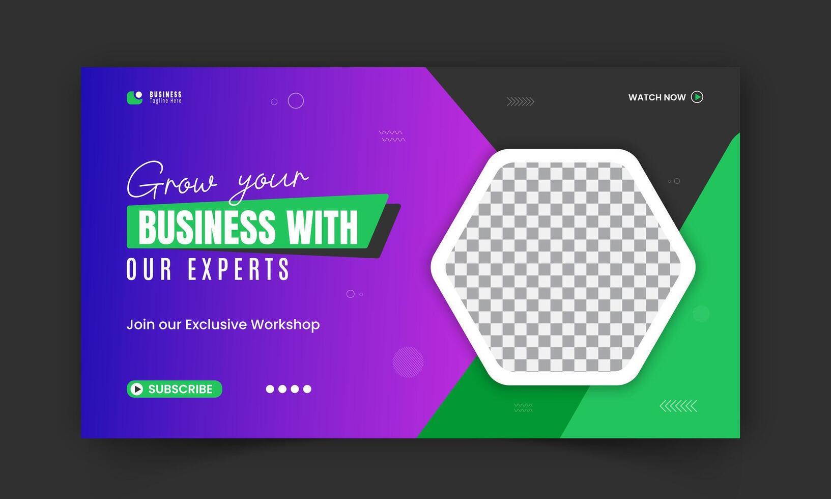 Modern and business workshop promotion thumbnail design, editable corporate, creative gaming live stream social media cover, green and purple shape web banner template vector