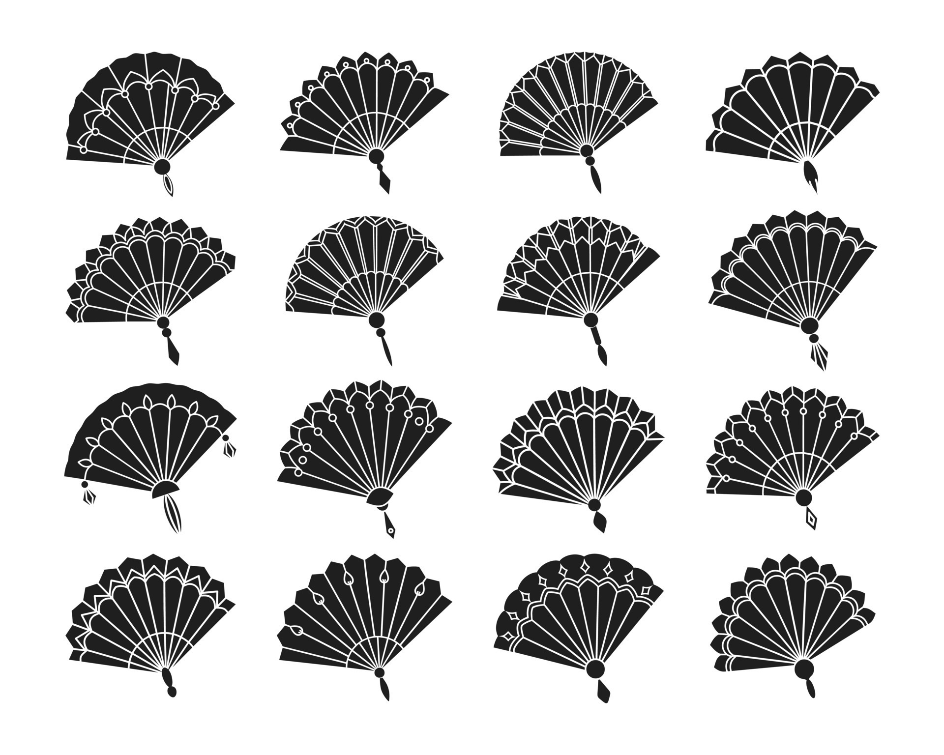 Collection of paper fans. Hand fan. Black silhouettes of Chinese