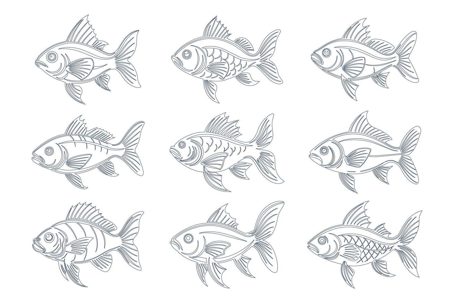 Set of silhouettes of sea fish. Fish variety icons. Hand drawn illustration, sketch. vector