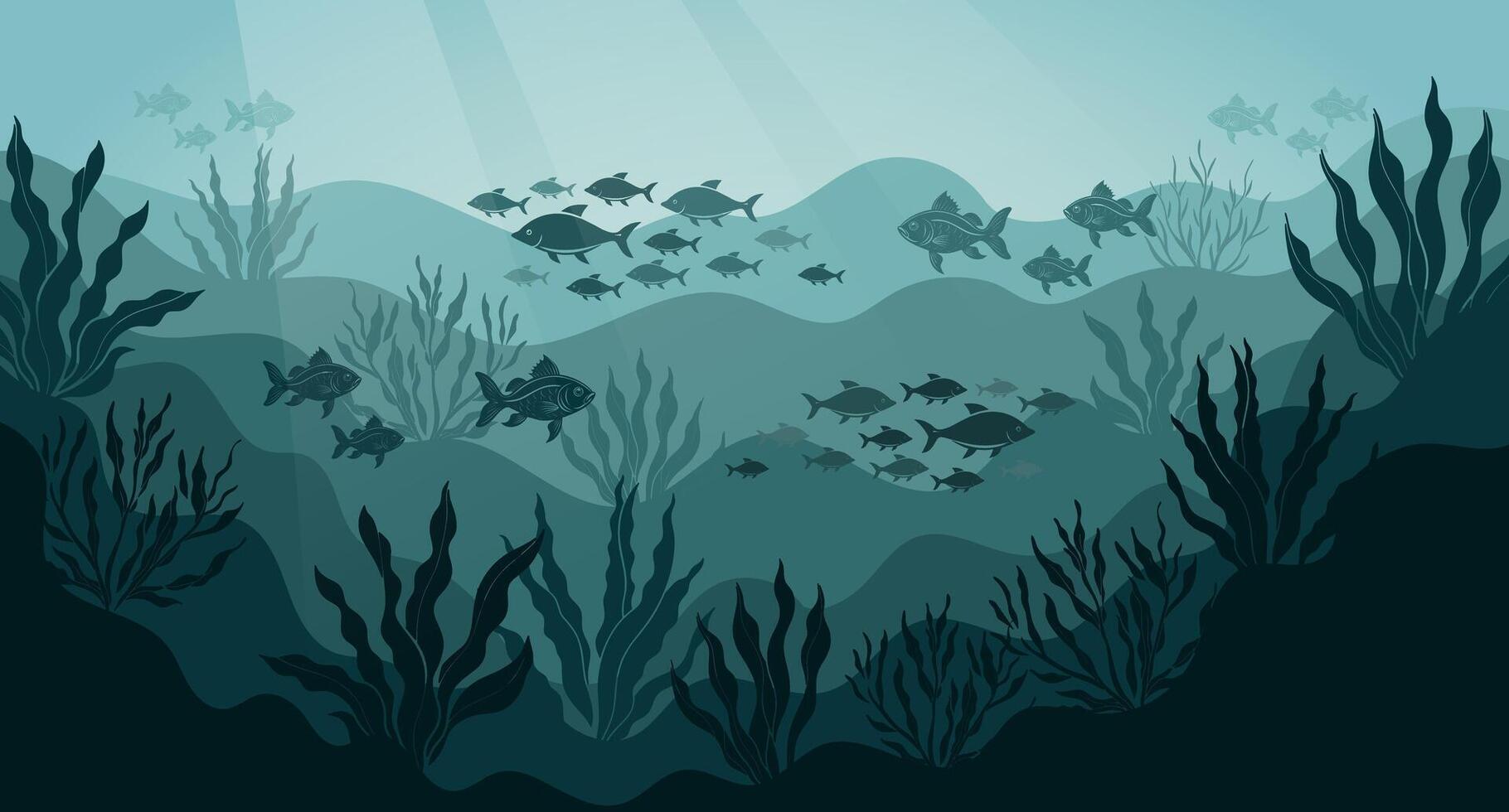 Underwater ocean landscape, algae and reefs, silhouette of a school of fish. Seabed background with ocean flora and fauna, corals, silhouettes of sea animals. vector