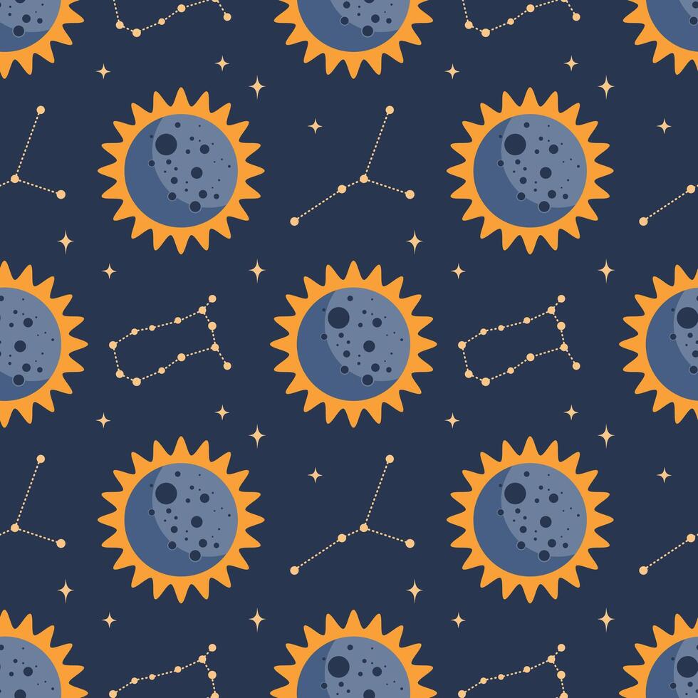Seamless pattern, constellations, planet and solar eclipse Moon. Background for children, scrapbooking, children's room. vector