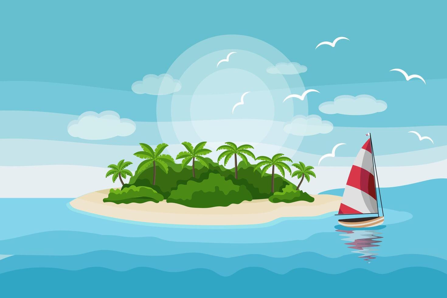 Seascape, idyllic paradise island with palm trees and mountains on the sea. Illustration, background vector