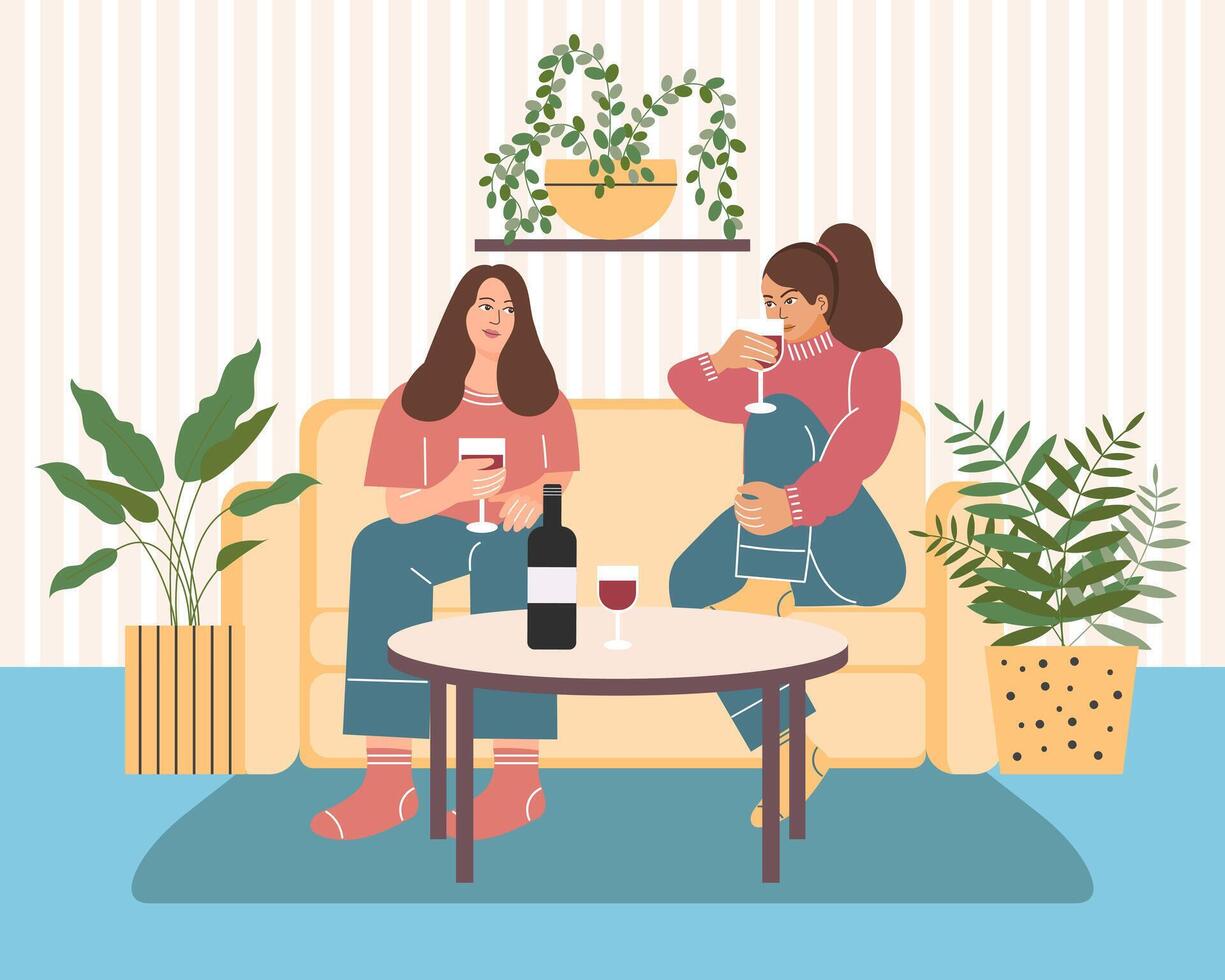 Girlfriends with glasses of wine at home against the background of a home interior. Lifestyle concept. Illustration, clipart vector