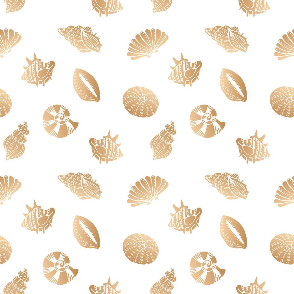 Seamless pattern, hand drawn contour seashells in golden tones, background, print, textile vector