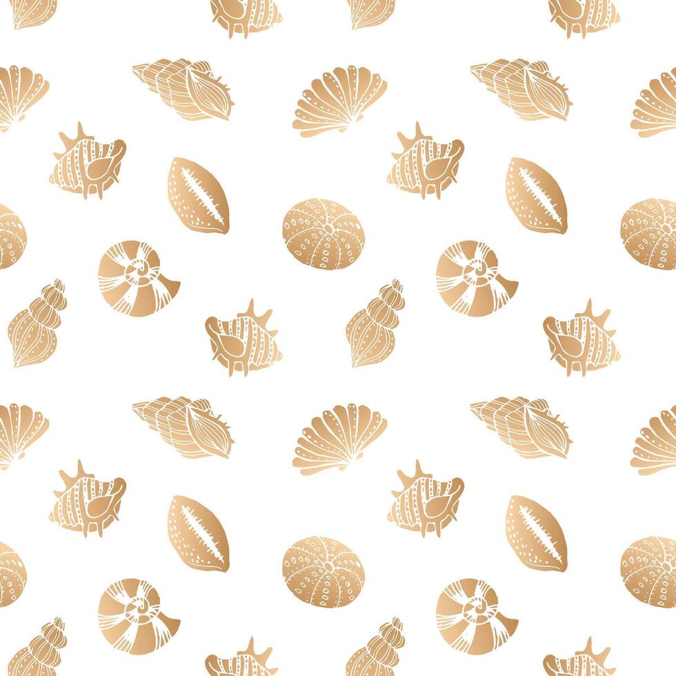 Seamless pattern, hand drawn contour seashells in golden tones, background, print, textile vector