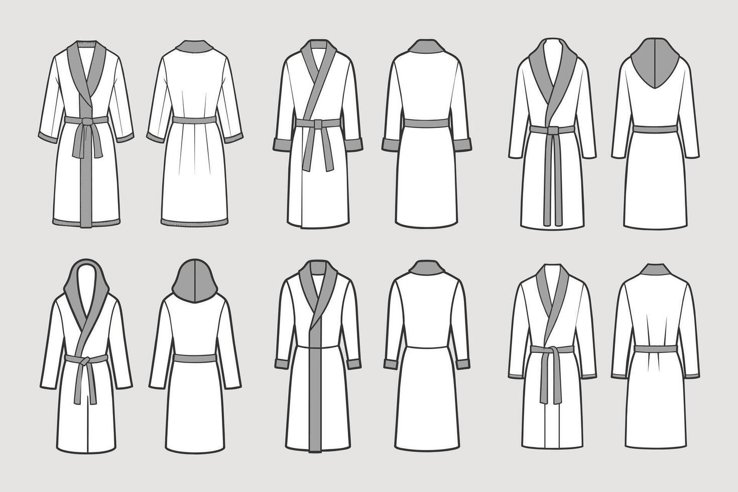 Set of bathrobes for men. Front and back views. Hand drawn illustration, sketch. vector