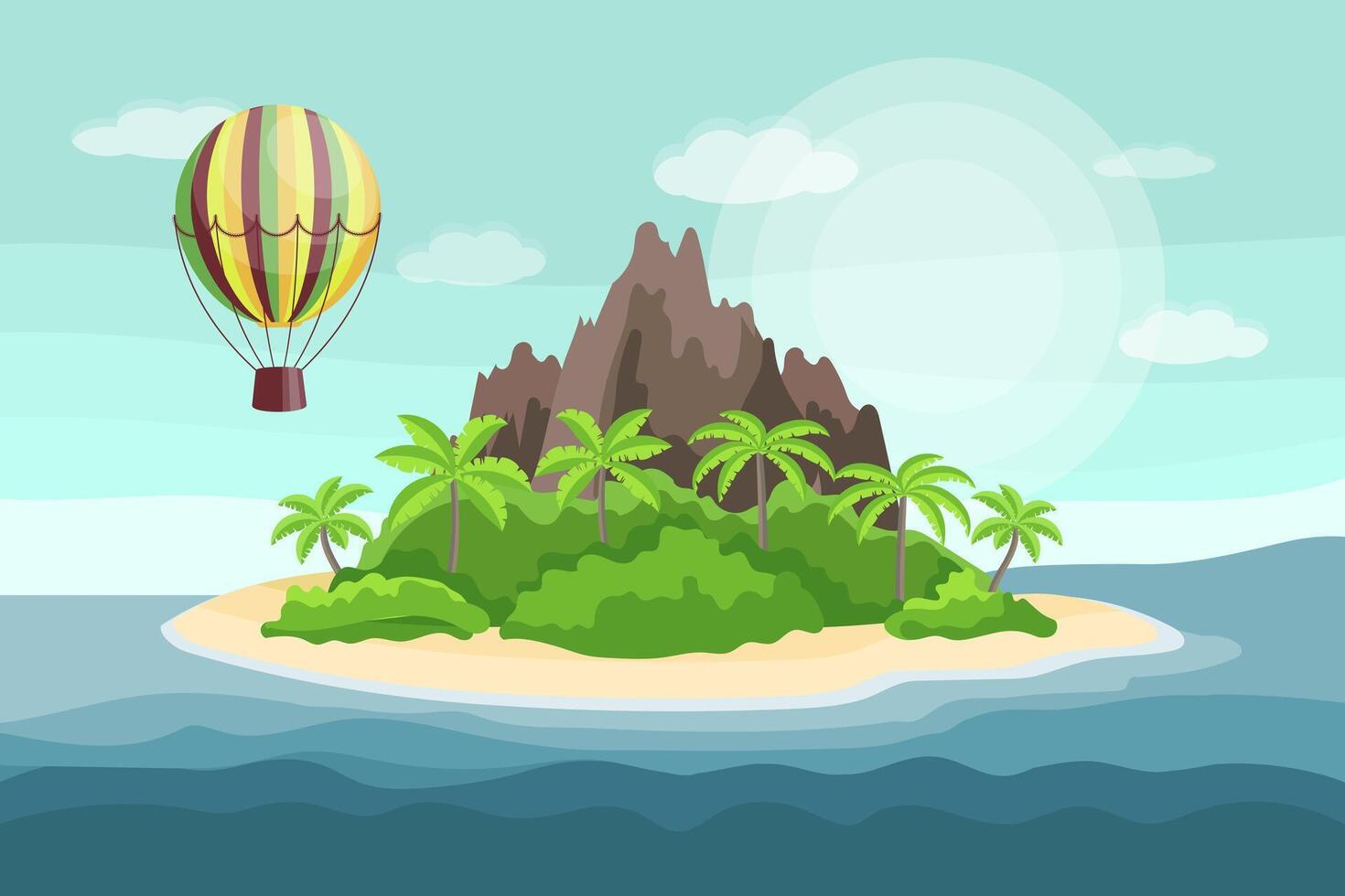 Seascape, idyllic paradise island with palm trees and mountains on the sea. Illustration, background vector