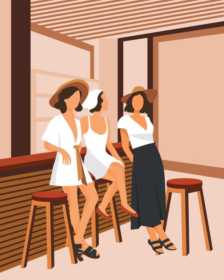 Girlfriends in a bar, retro poster. Hobby and leisure concept. Illustration, clipart vector