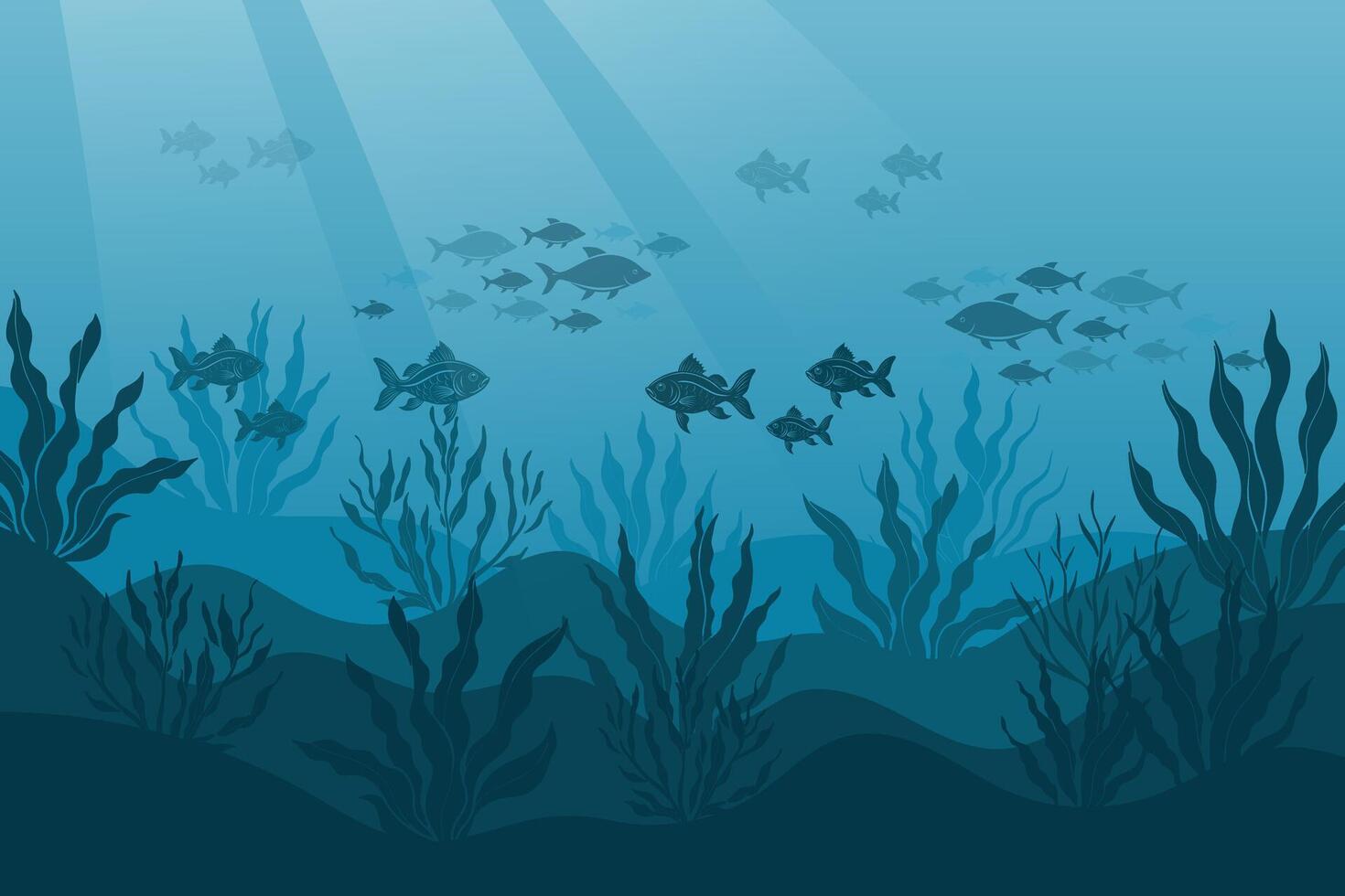 Underwater ocean landscape, algae and reefs, silhouette of a school of fish. Seabed background with ocean flora and fauna, corals, silhouettes of sea animals. vector