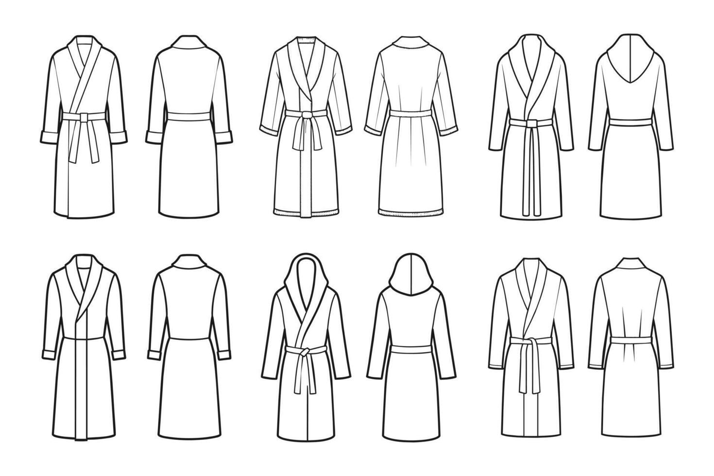 Set of bathrobes for men. Front and back views. Hand drawn illustration, sketch. vector