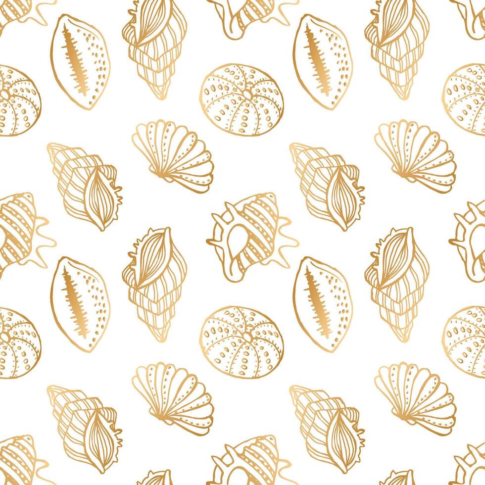 sin costura patrón, mano dibujado contorno conchas marinas en dorado tonos, fondo, imprimir, textil vector