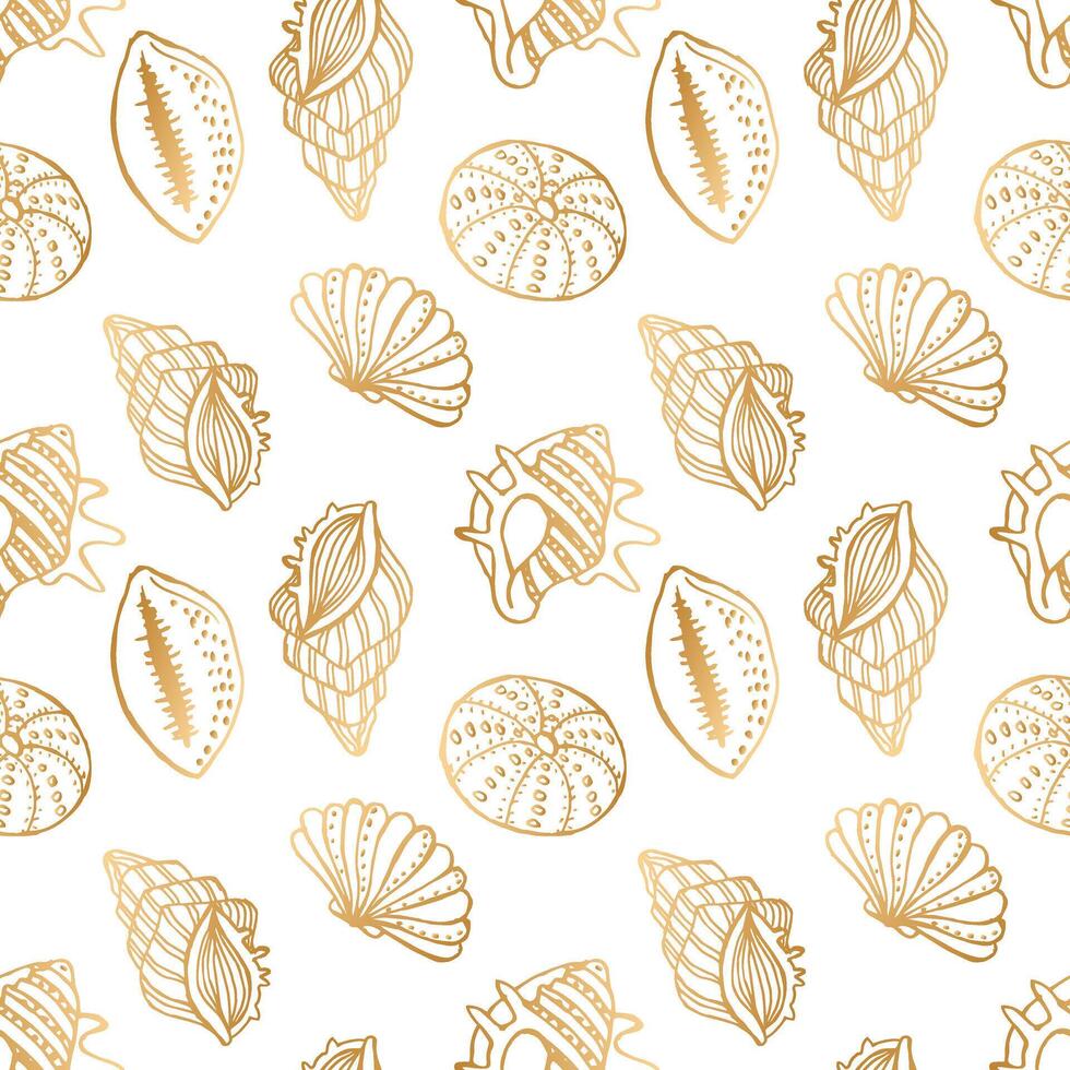 Seamless pattern, hand drawn contour seashells in golden tones, background, print, textile vector
