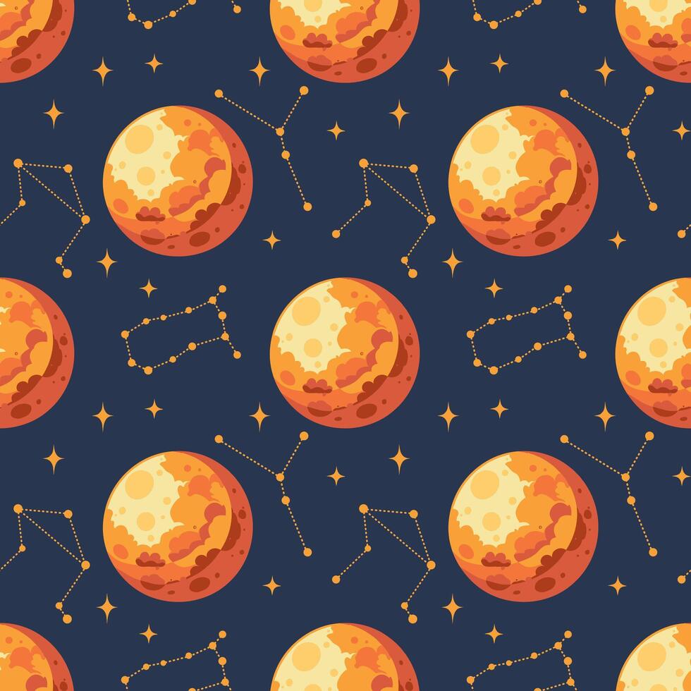 Seamless pattern, constellations, planet and solar eclipse Moon. Background for children, scrapbooking, children's room. vector