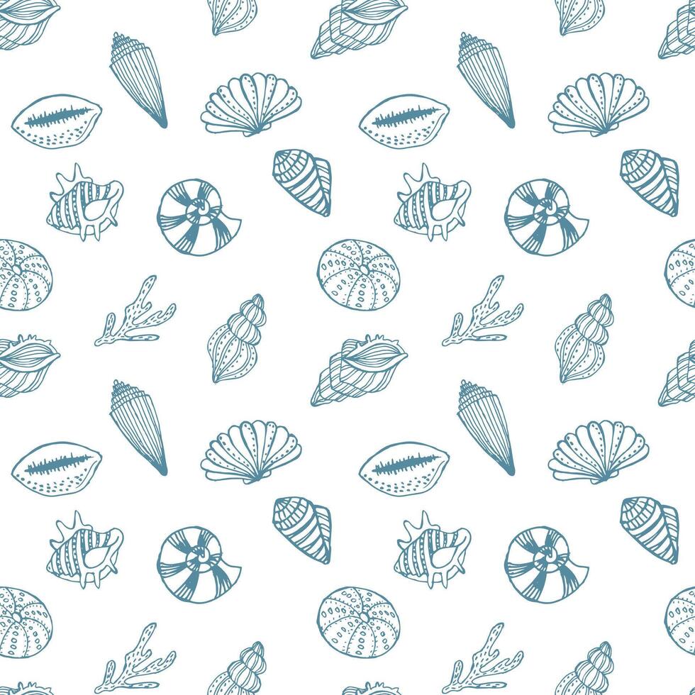 Seamless pattern, hand drawn contour seashells in pastel colors, Background, print, textile vector