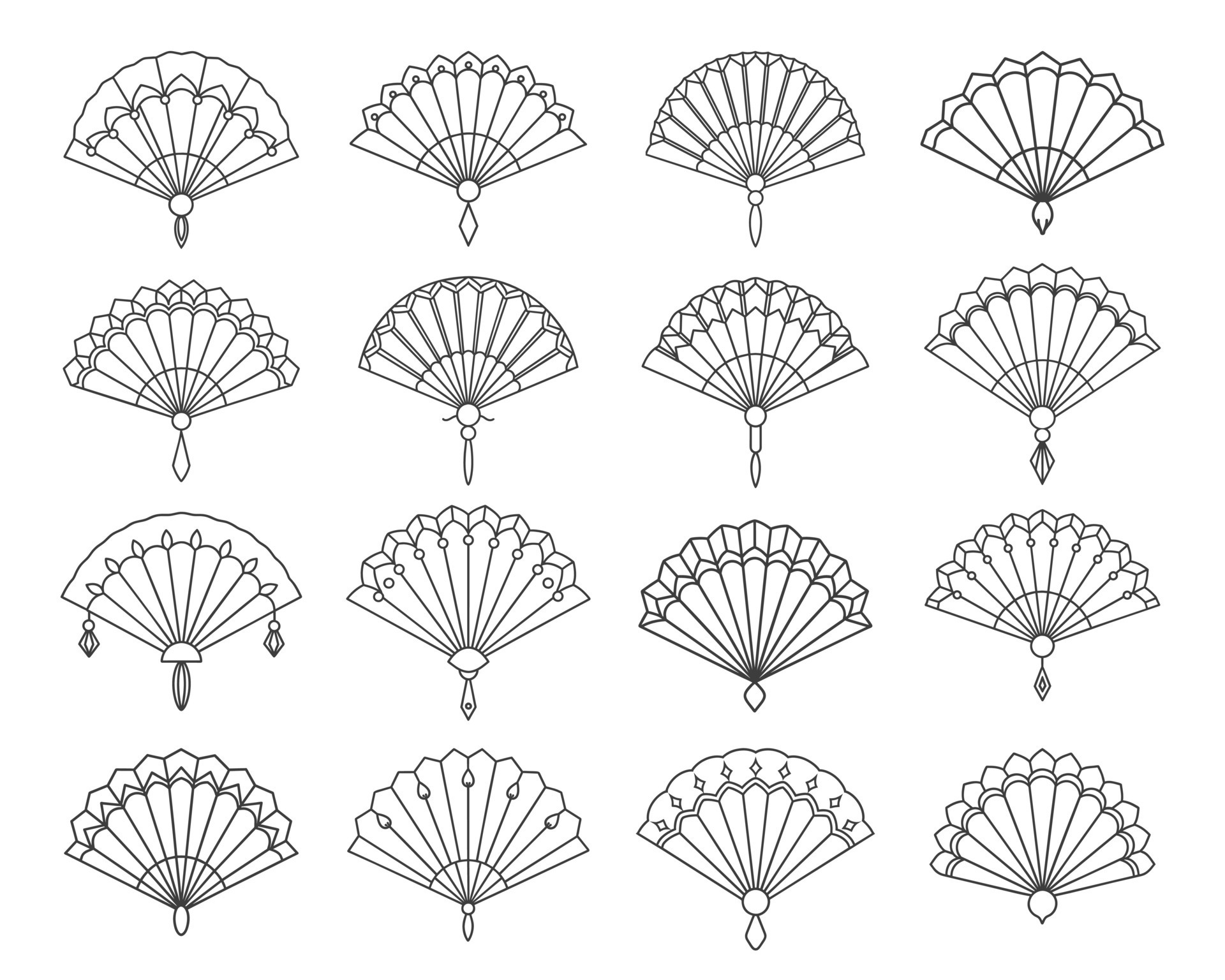 Collection of paper fans. Hand fan. Black silhouettes of Chinese